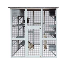 Wooden Catio Outdoor Cat Enclosure, 71" Outdoor Cat House Weatherproof Asphalt Roof, Large Solid Wood Cat Cage Playpen with 8 Jumping Platforms & 2 Na